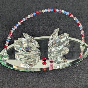 Crystal 2 Bunnies Rabbits Figurine on Mirror Base with Handle